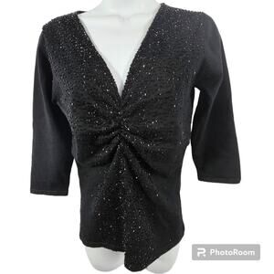 My Favorite Things Colleen Lopez Black Beaded 3/4 Sleeve V-neck Sweater XS